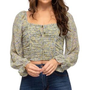 She + Sky floral smocked and ruched long sleeve cropped blouse